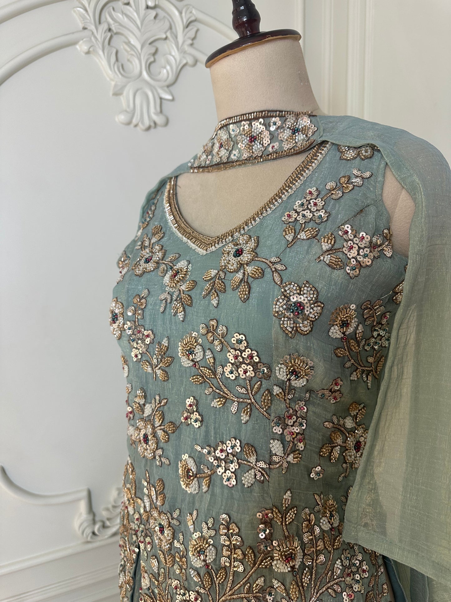 Sea Green Hand Embroidered Designer Suit Set with Dupatta