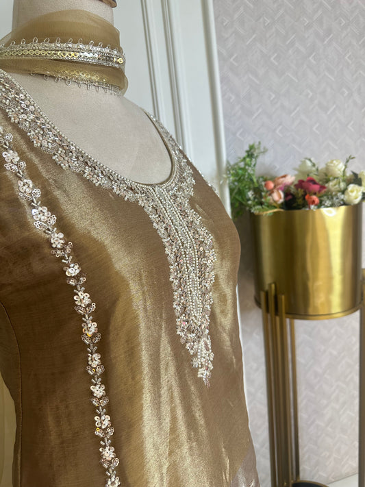 Golden Beige Designer Suit Set with Hand Embroidery