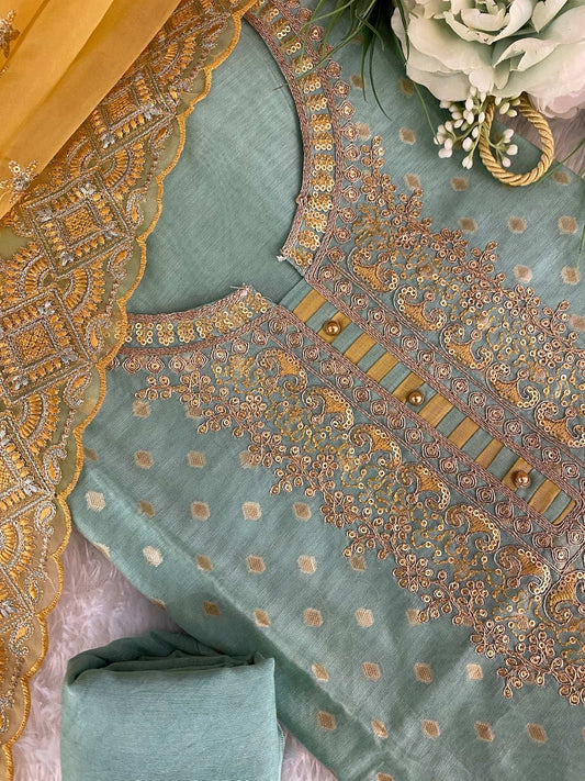 Sky Blue Chanderi Suit With Organza Dupatta
