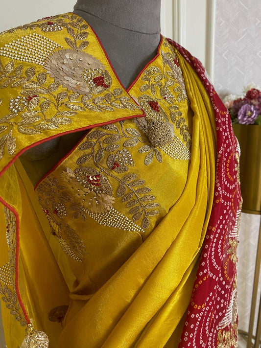 BANDHANI RED AND YELLOW SAREE WITH GOTA WORK