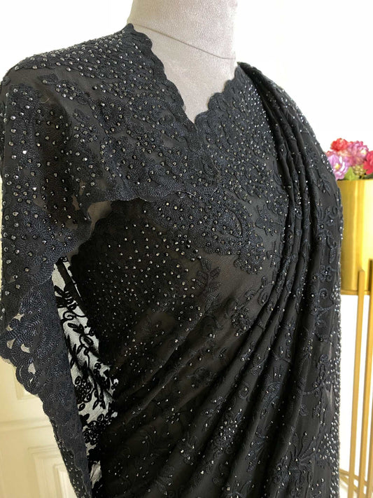 BLACK OVER ALL THREAD WORK JAAL SAREE