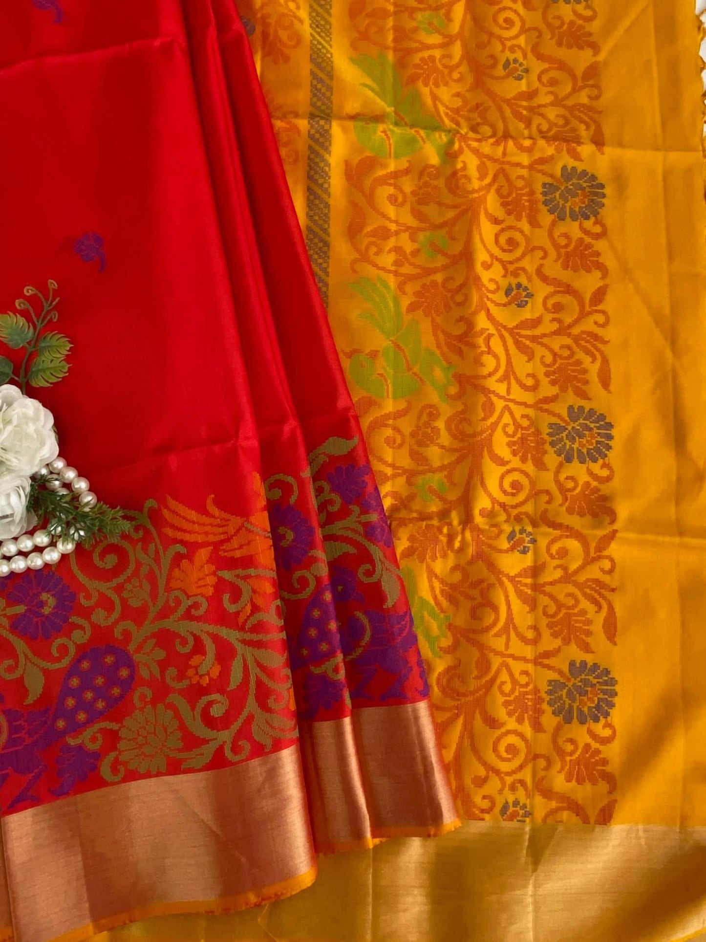 Red yellow Madhubani silk