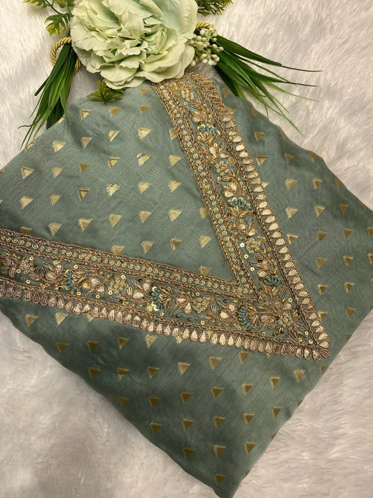 V SHAPPED NECK CHANDERI SUIT