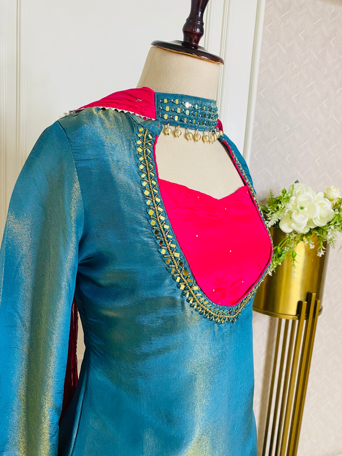 Teal Silk Kurta Sharara Set with Blue Dupatta