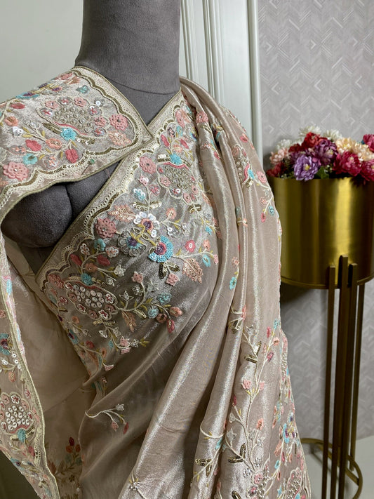 IVORY GOLDEN TISSUE THREAD WORK SAREE