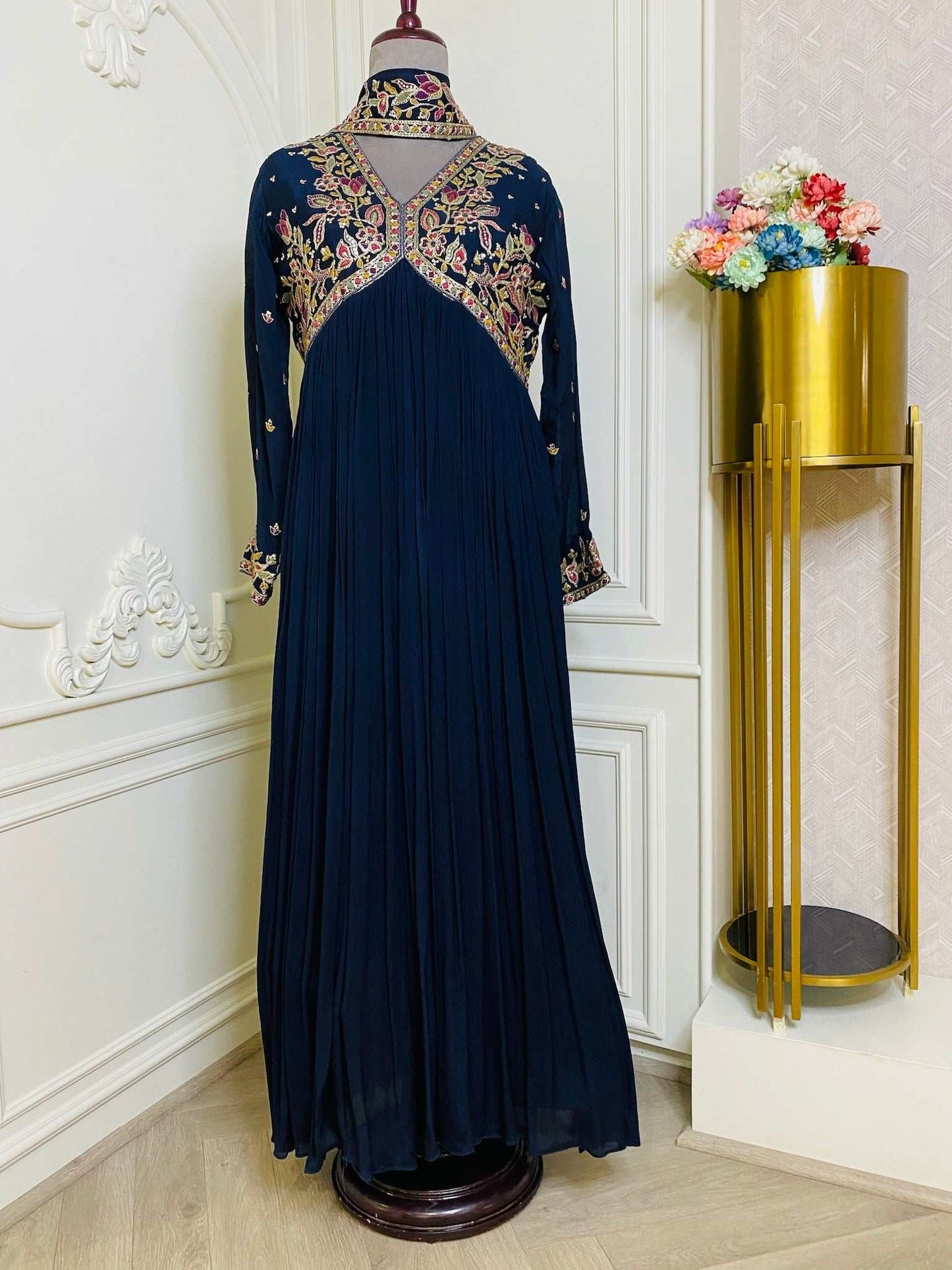 NEW Navy blue  Floral Embroidered Alia Cut Ethnic Dress