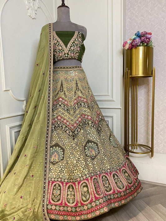 Olive Green Soft Silk Lehenga