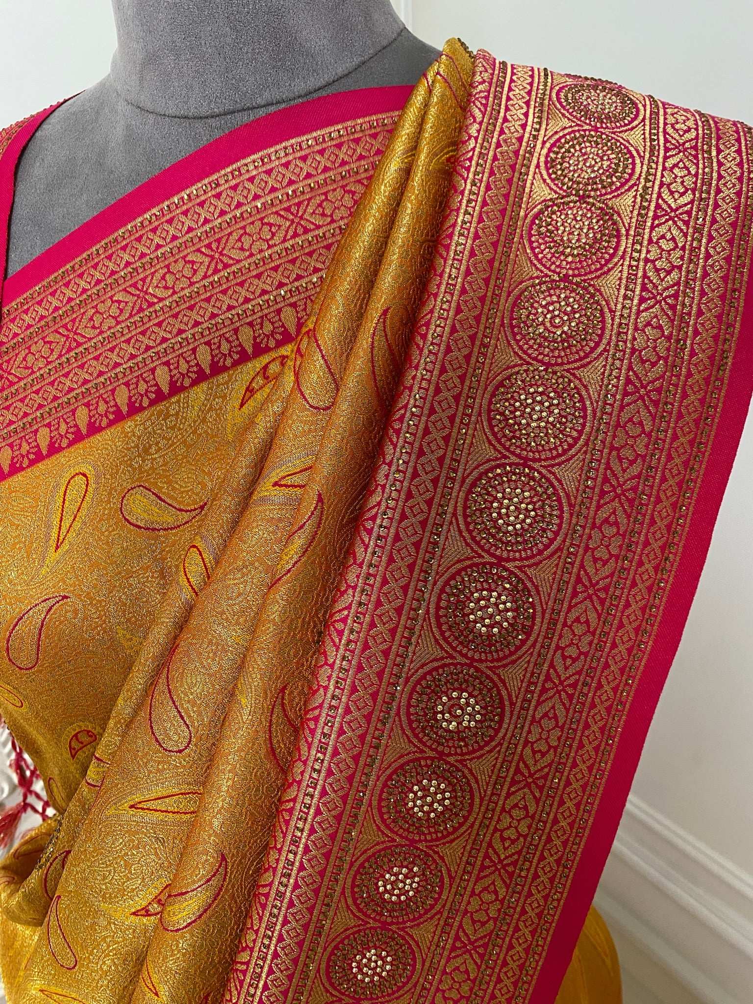 mustard pink saree with contrast border