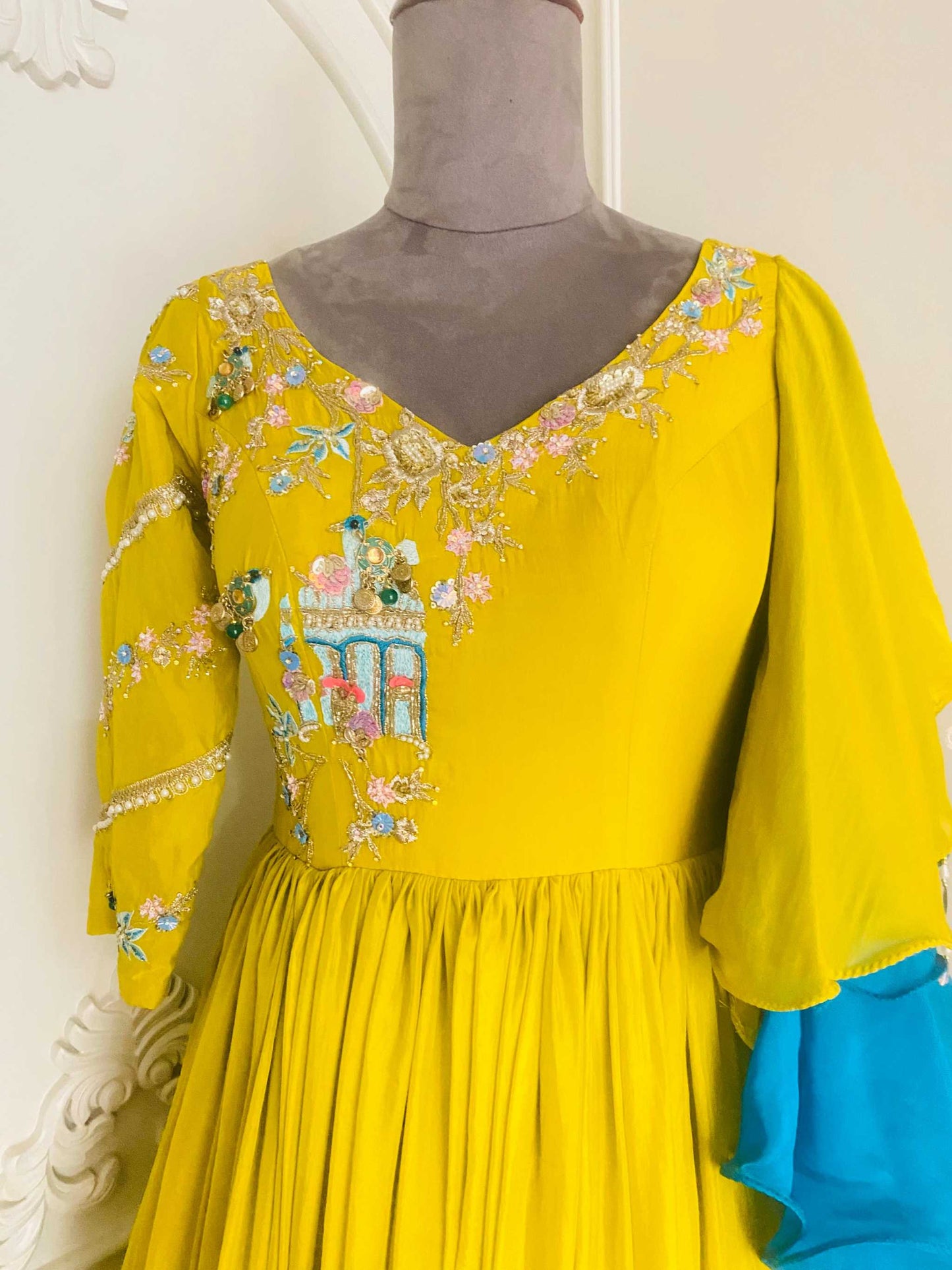 Charming gown with attached duptta in sun shine yellow color