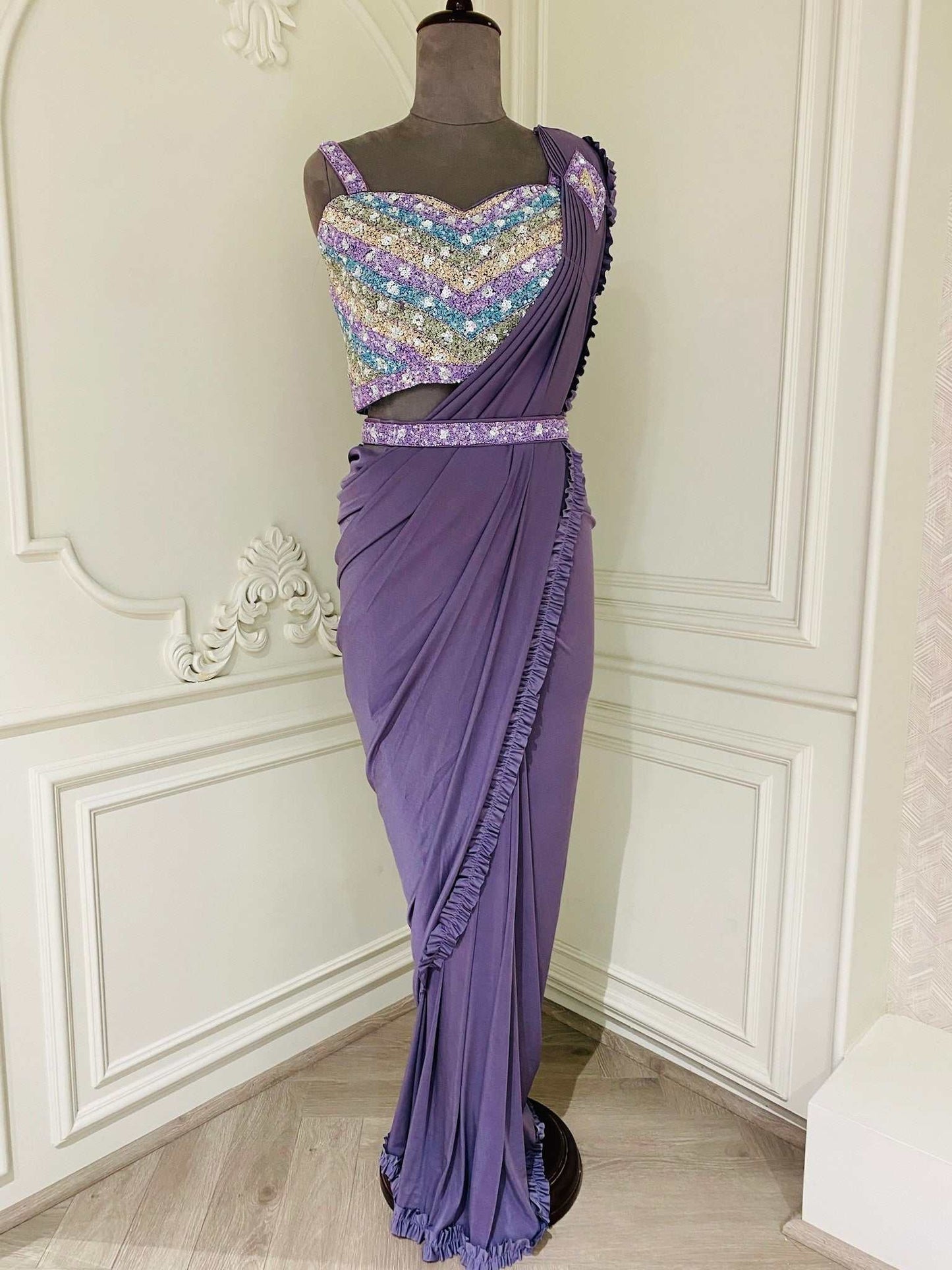 Lavender Dreams: Ready-to-Wear Saree with Intricate Embroidery
