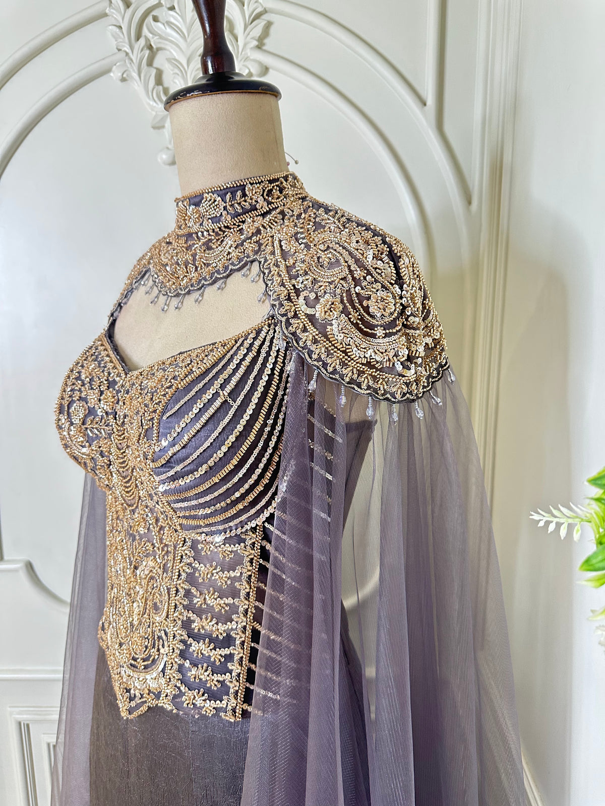 Grey gown by Mamta Saree - embroidery close-up