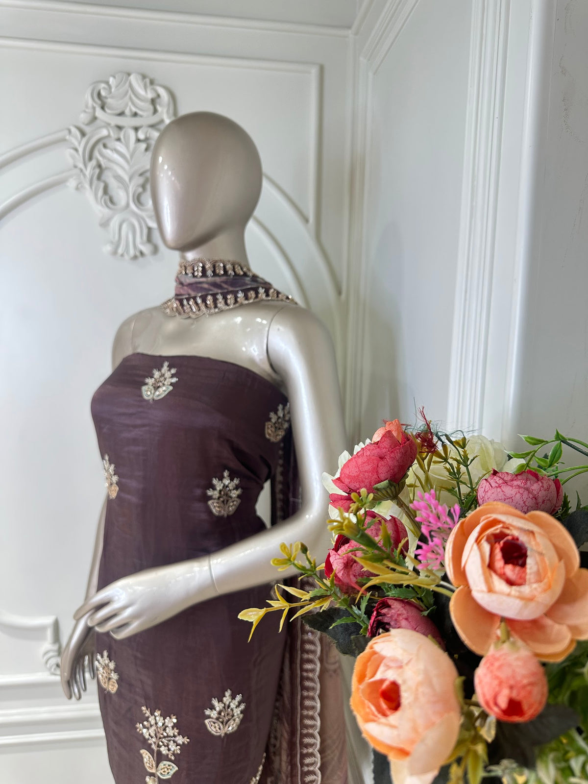 Plum Floral Embroidered Suit Set - neckline close-up