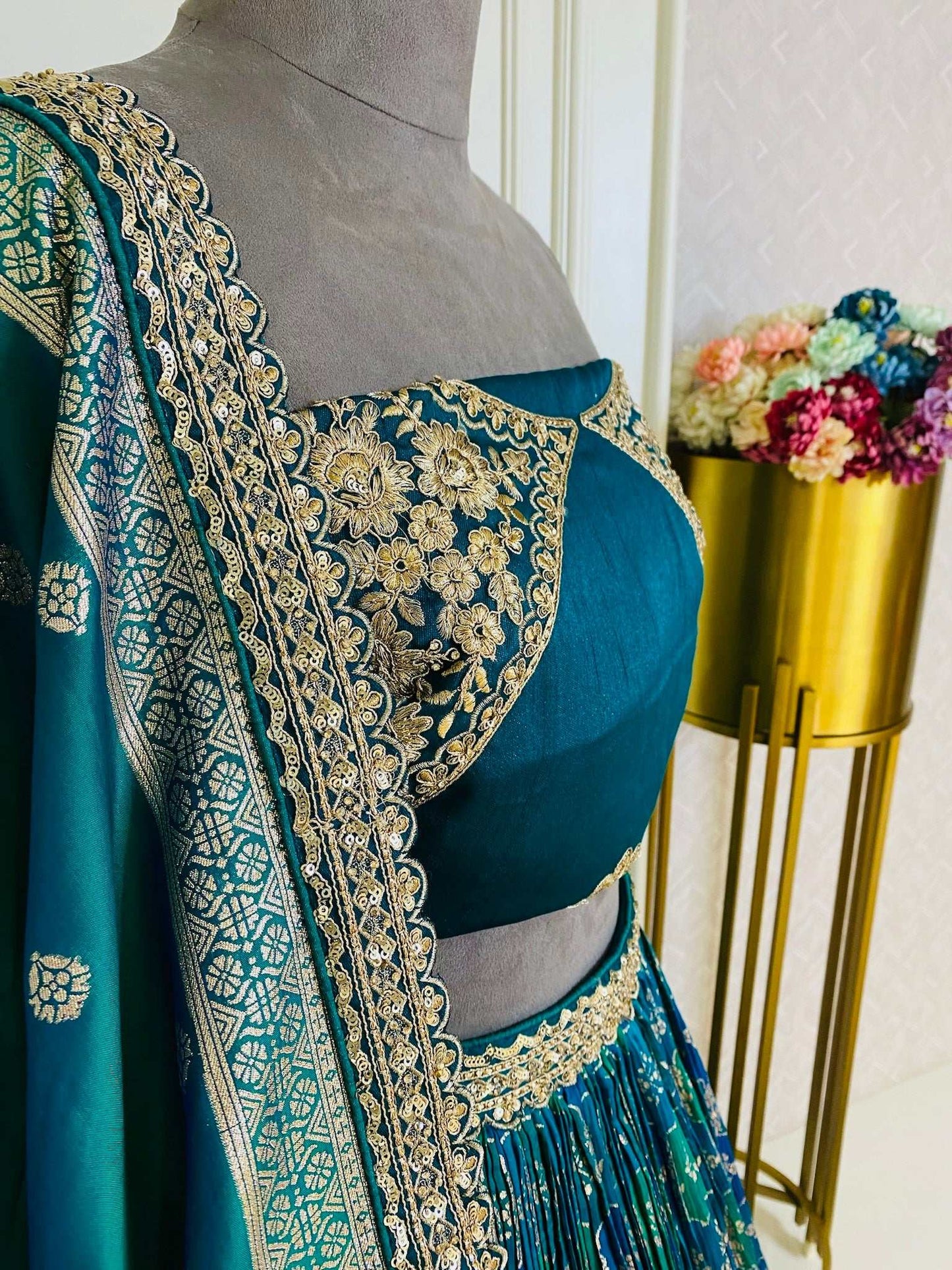 Rama Green Soft silk Banarasi Lehenga with Intricate Zari Work