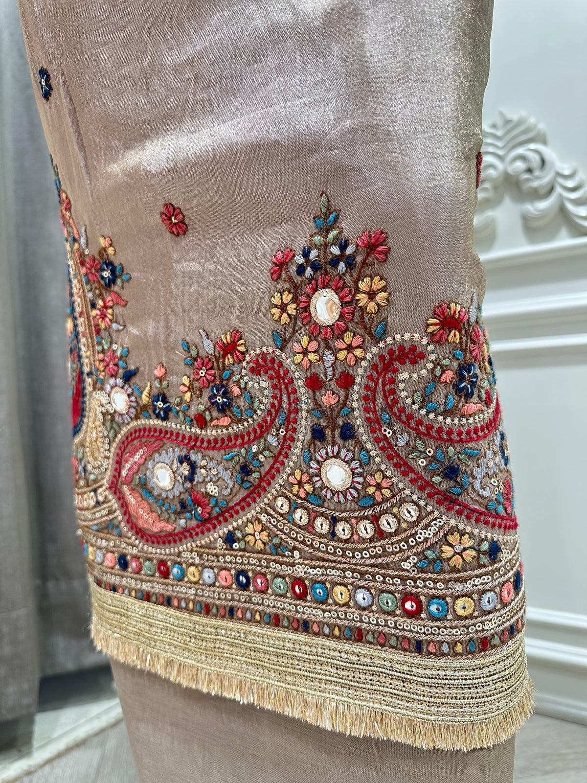 Grey embroidered suit by Mamta Saree - border detail