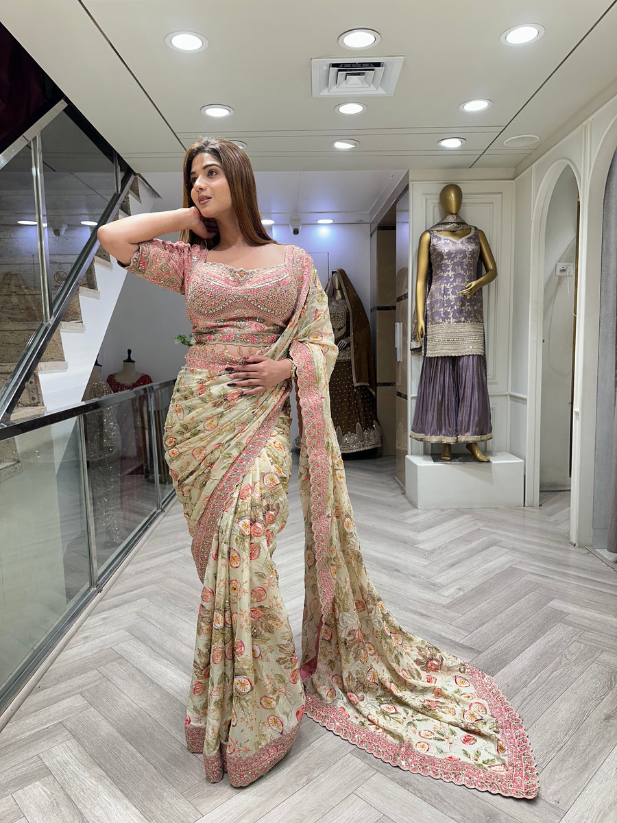 Ivory Pink Floral Pre-Draped Saree