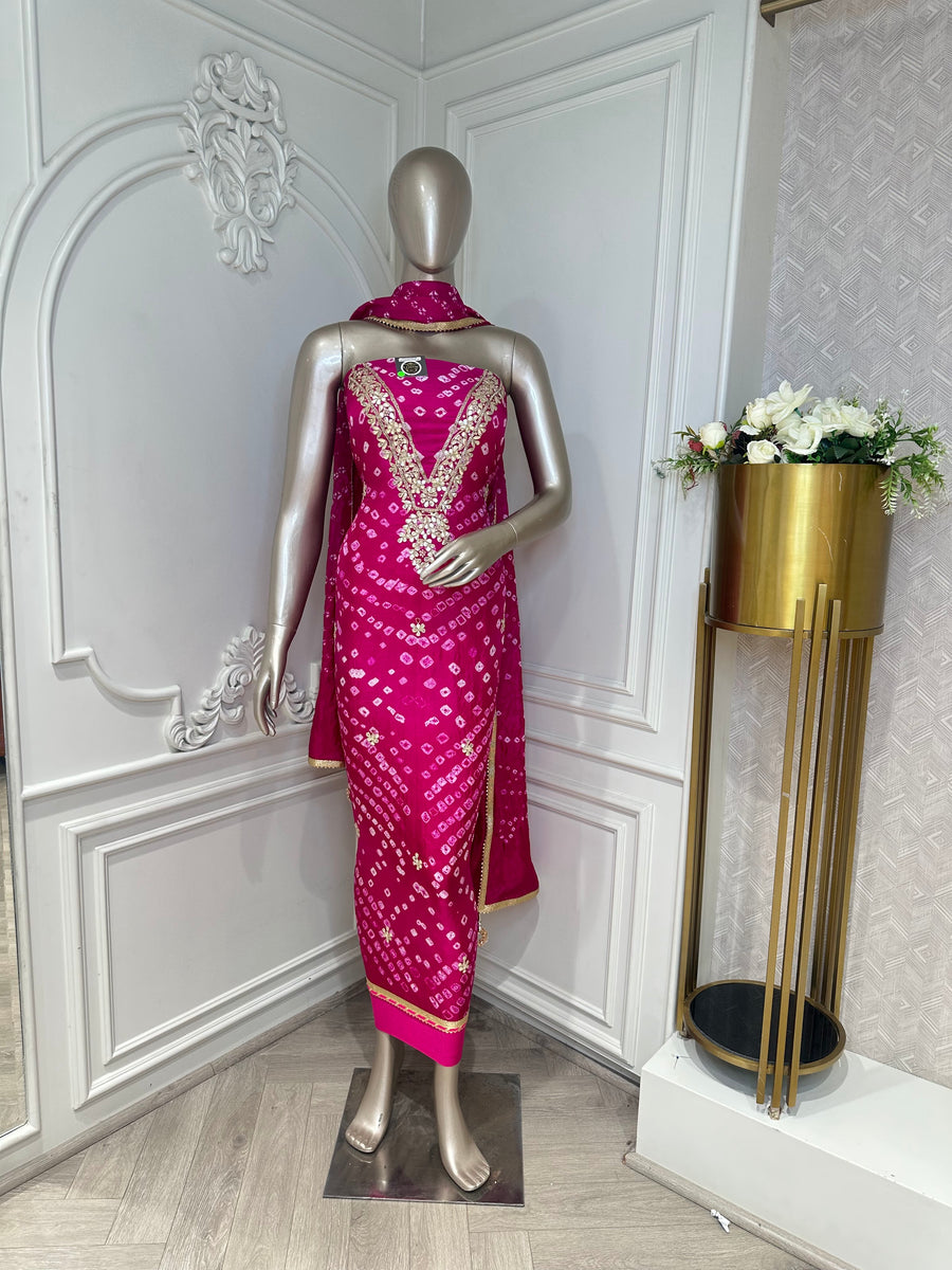 Rani pink printed embroidered suit set by Mamta Saree - view 3