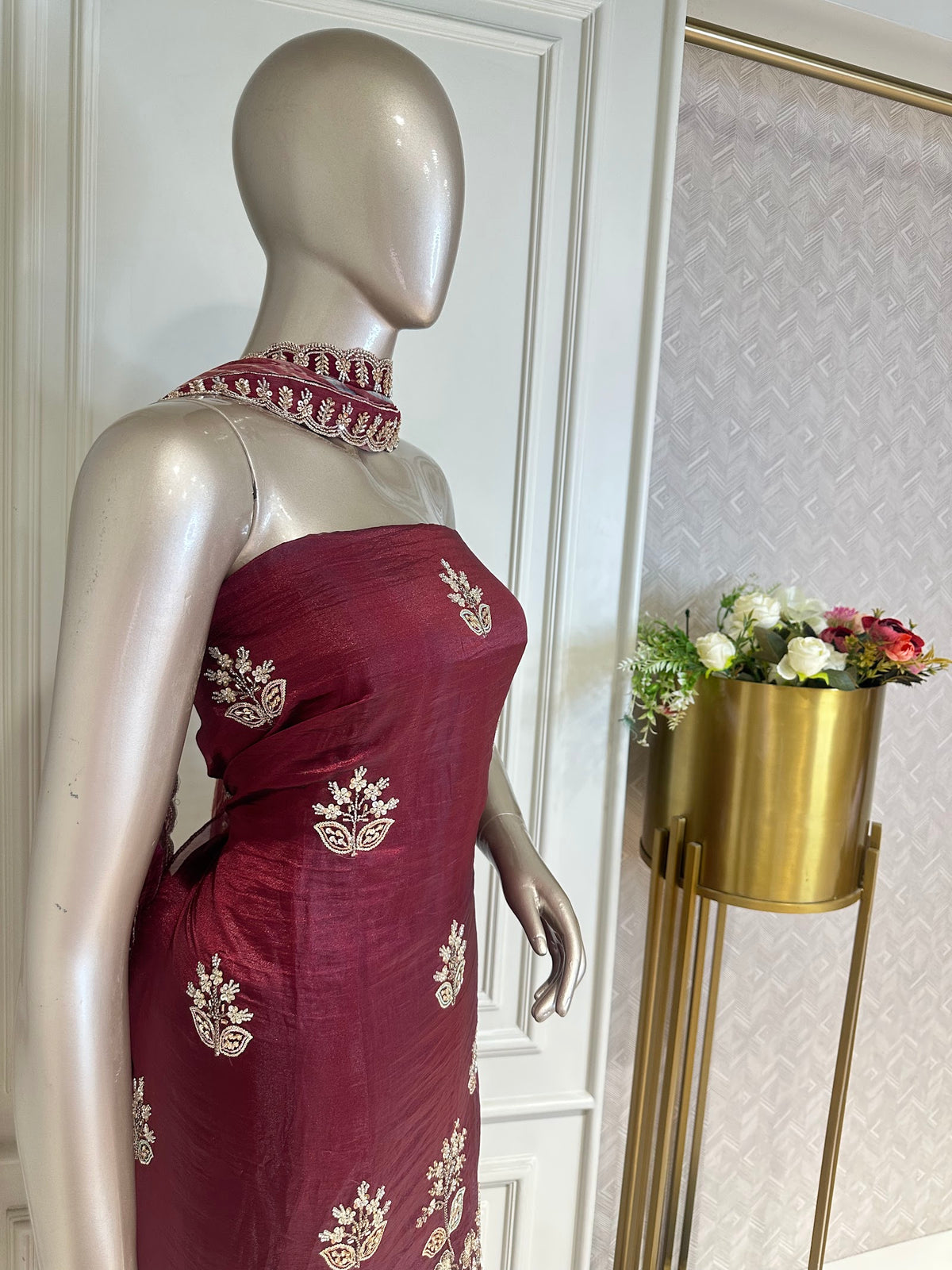 Maroon Floral Embroidered Suit Set - side