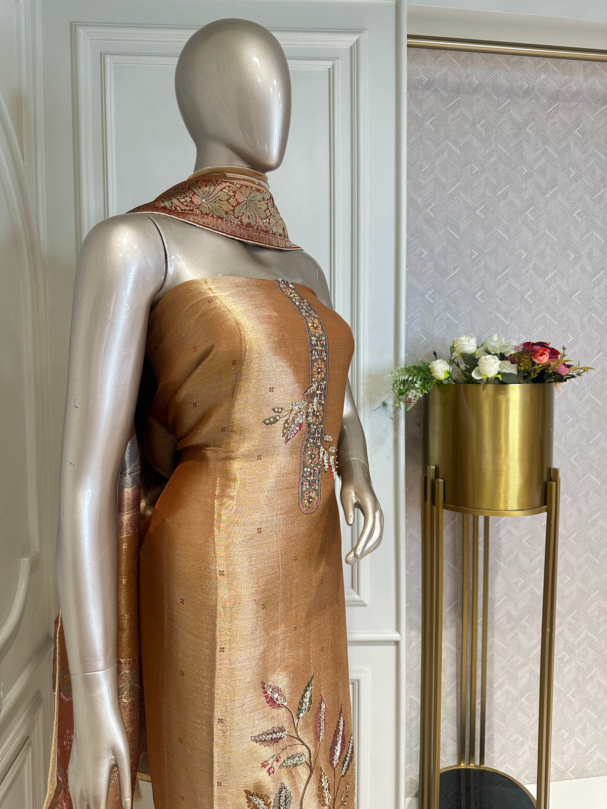 Mustard beaded suit set by Mamta Saree - embroidery detail