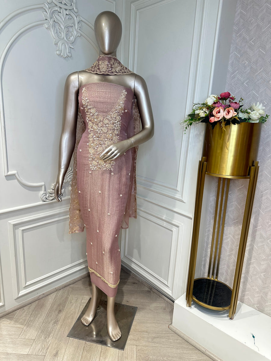 dusty pink suit by Mamta Saree - neckline detail