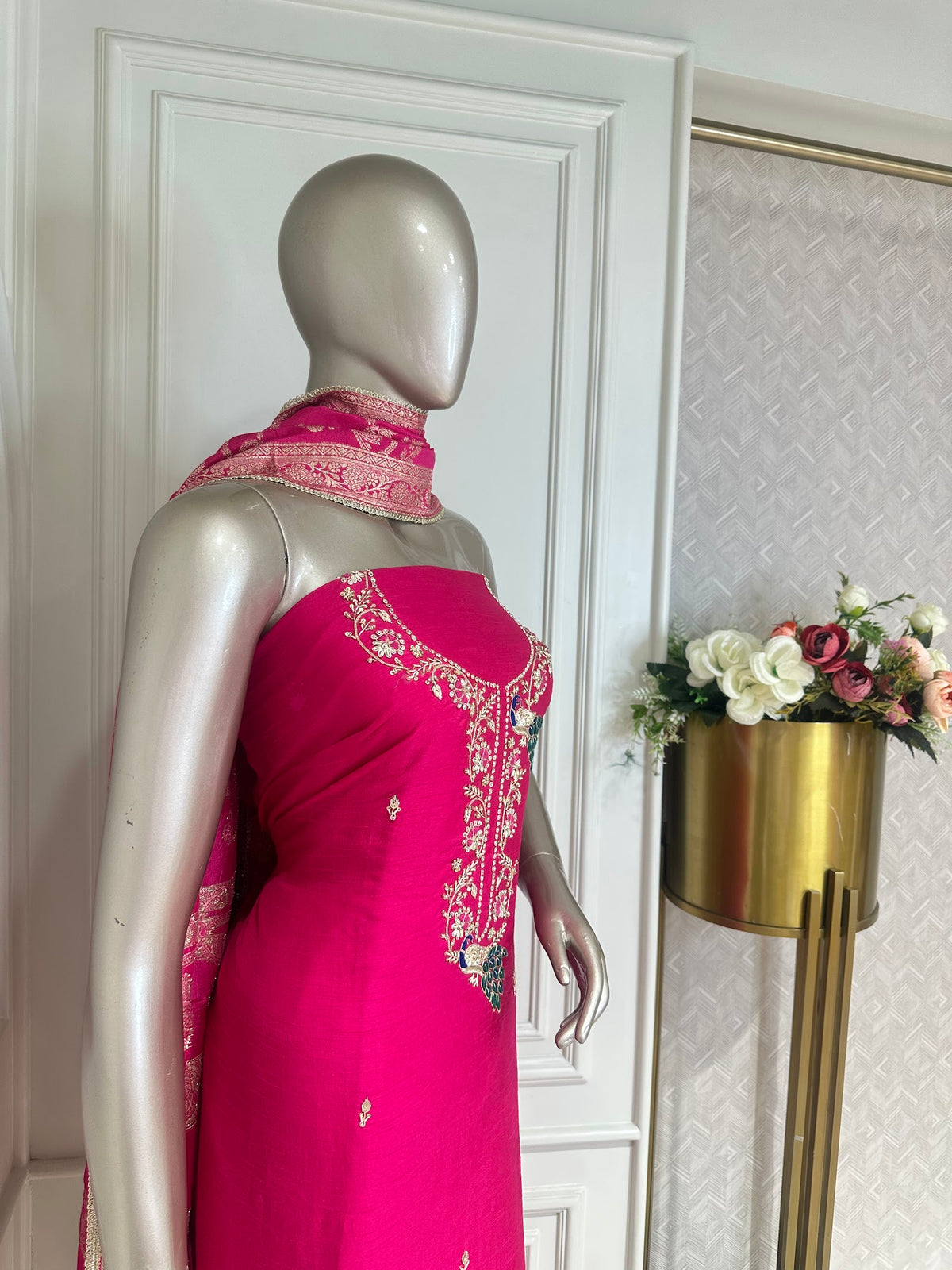 Pink Peacock Embroidered Suit Set - side