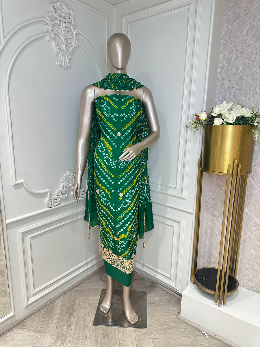 Green printed embroidered suit set by Mamta Saree - full look