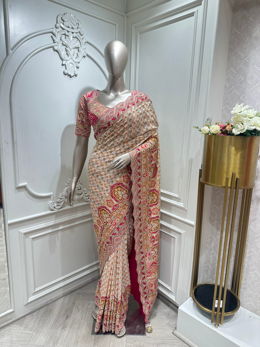 Ivory beaded floral printed saree by Mamta Saree - blouse detail