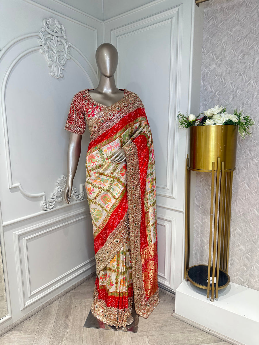 Red beaded peacock printed saree by Mamta Saree - full drape