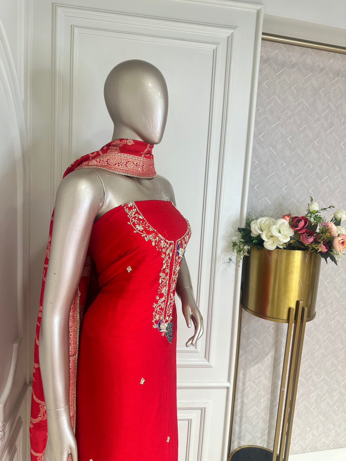 Red Peacock Embroidered Suit Set - side