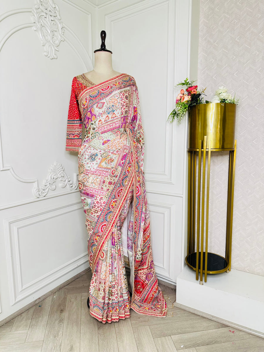 cream multicolour saree by Mamta Saree - full look