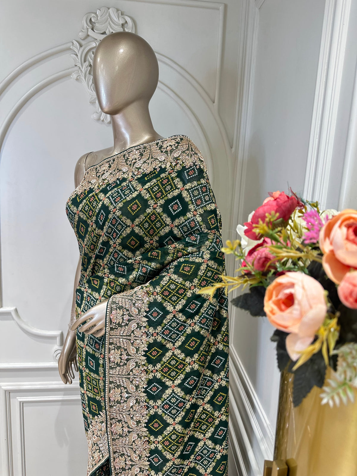 Bottle green saree by Mamta Saree - pallu