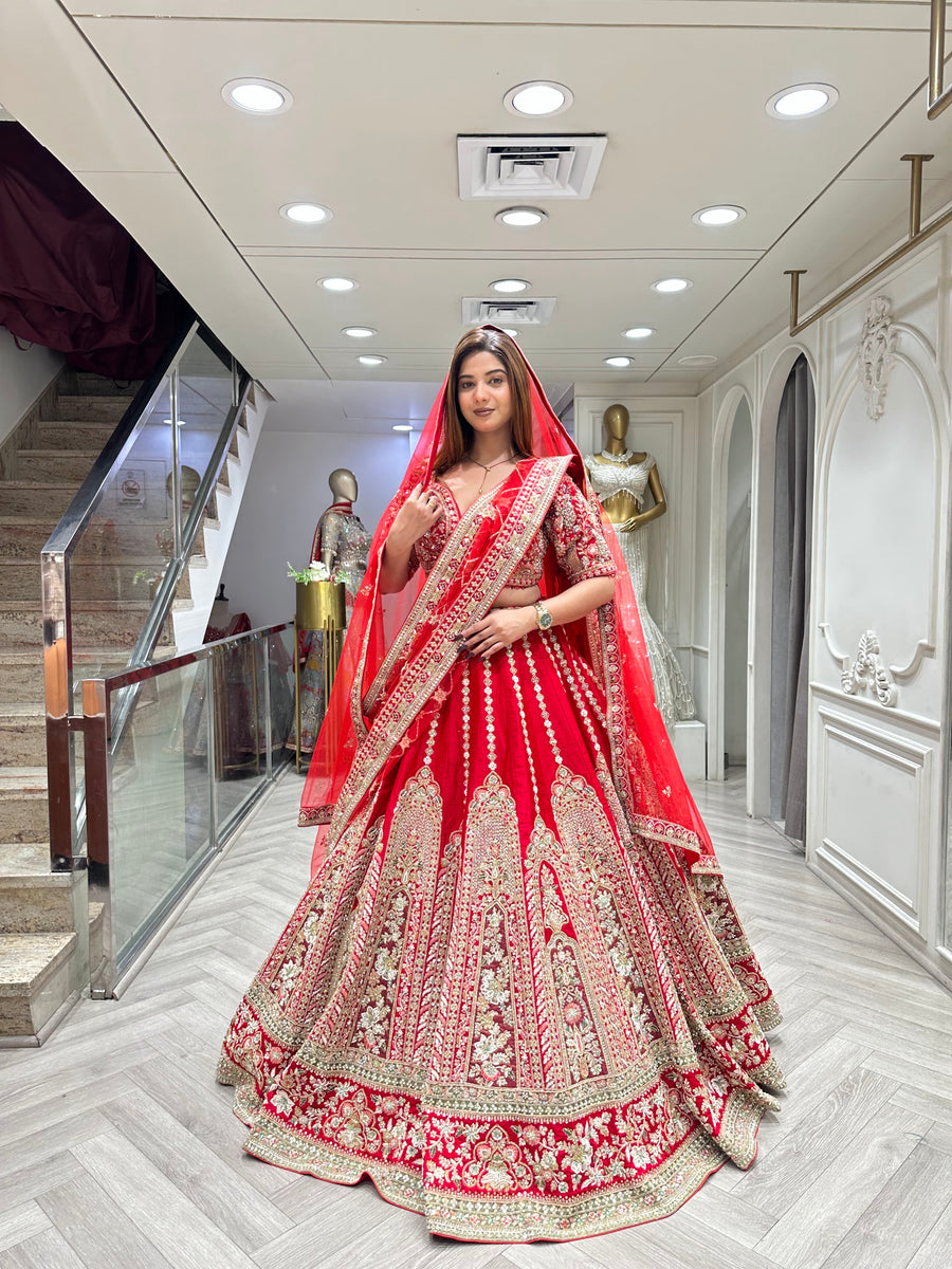 Red Bridal Lehenga Set with Gold Embroidery