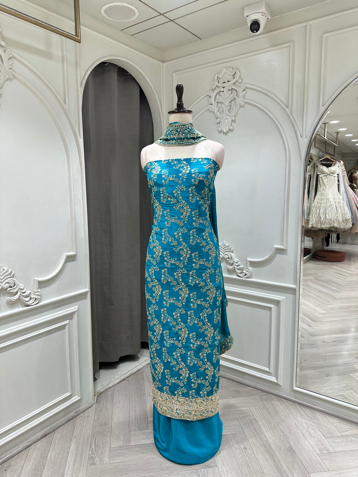 teal dress material by Mamta Saree - fabric view