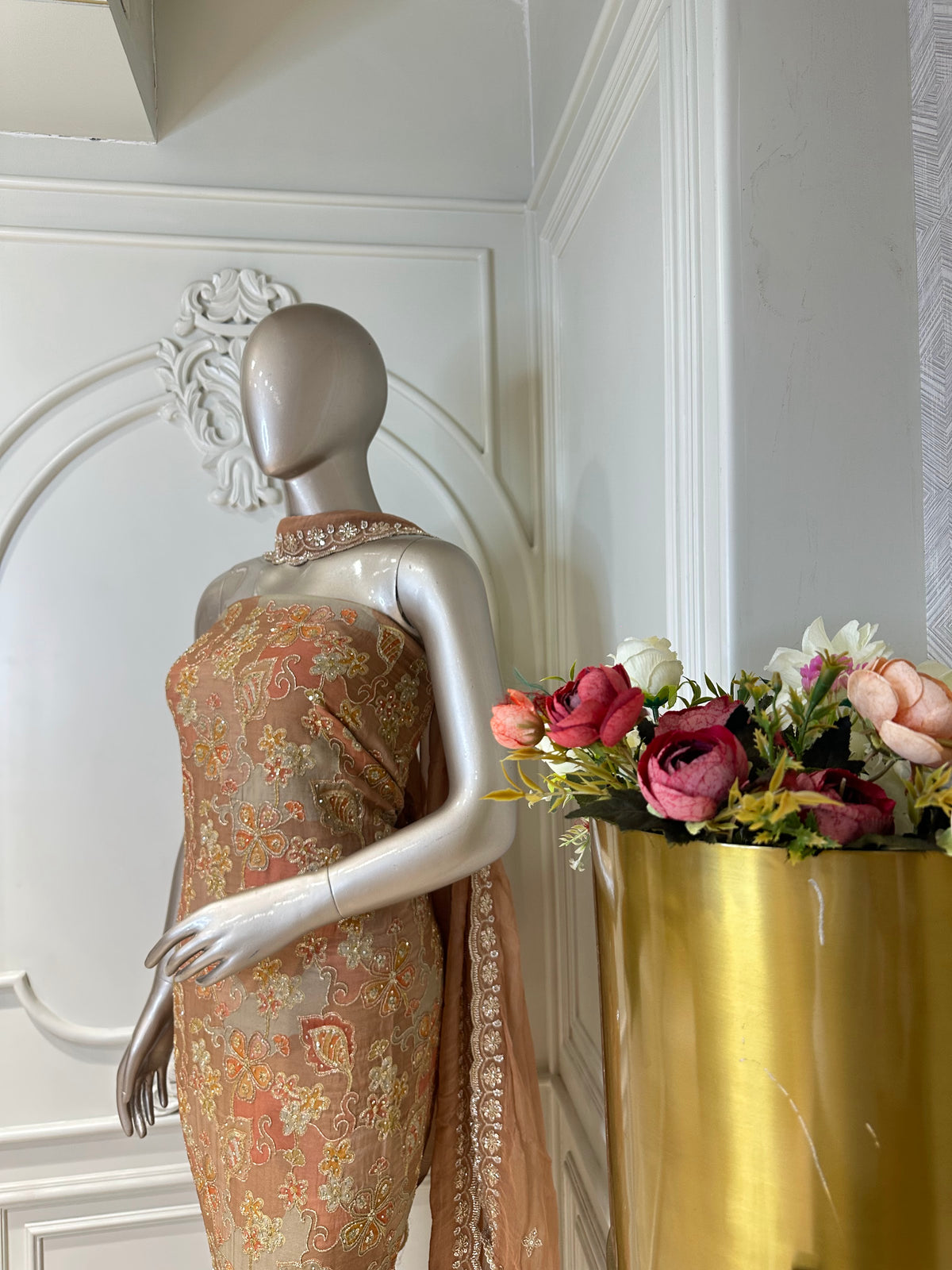 Peach suit set by Mamta Saree - front view with floral print