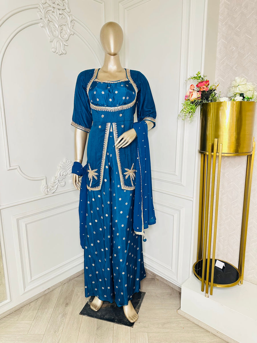Peacock blue sequin embroidered suit set by Mamta Saree - full front view
