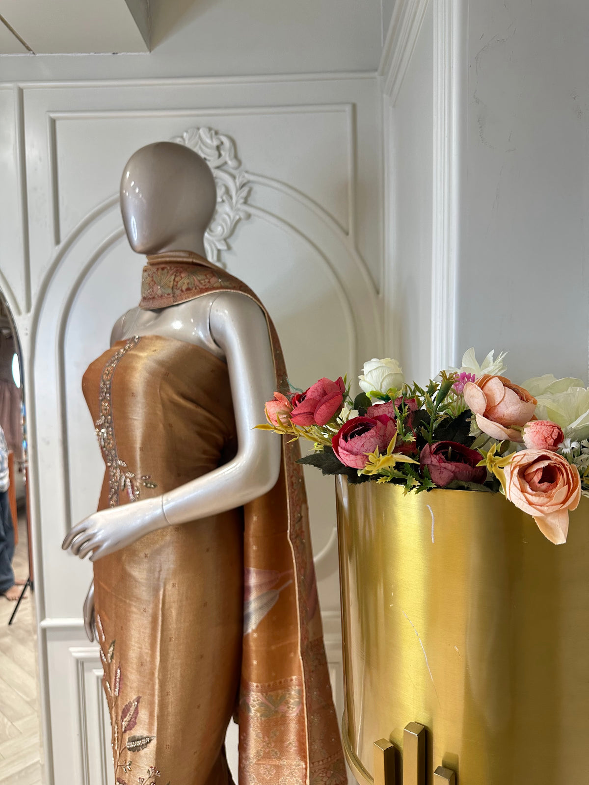 Mustard beaded suit set by Mamta Saree - dupatta border