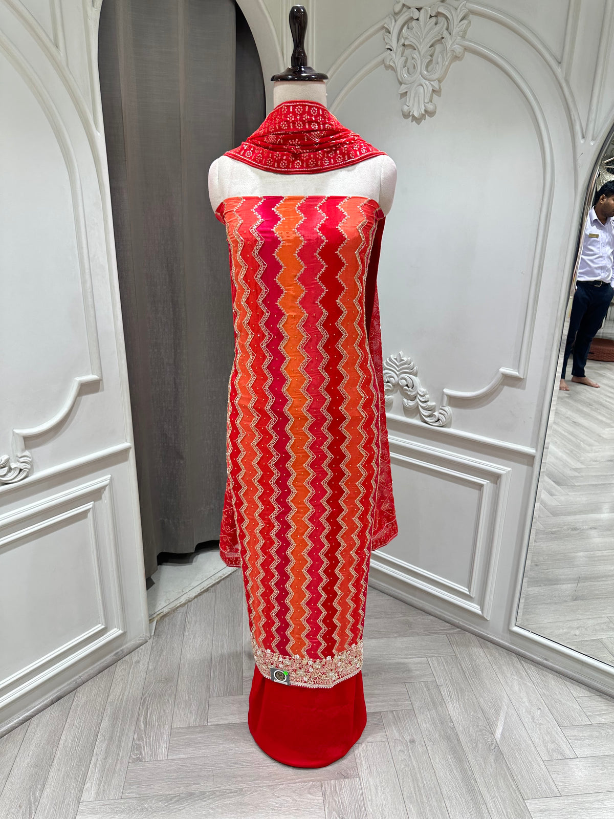 red orange dress material by Mamta Saree - fabric view