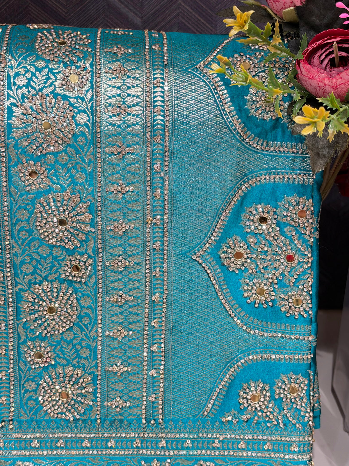 teal saree by Mamta Saree - mirror work close-up