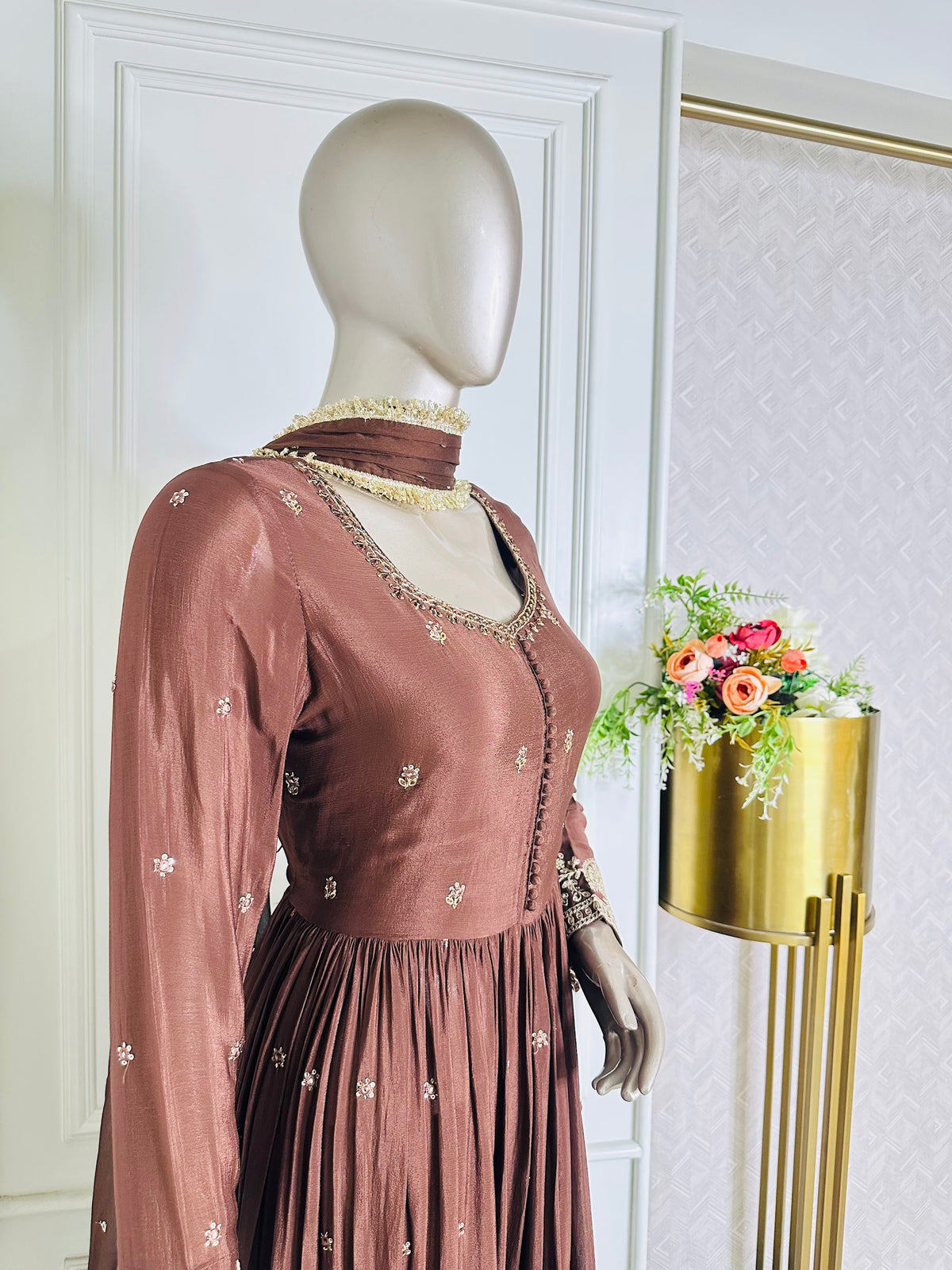 Brown sequin embroidered anarkali gown by Mamta Saree - bodice and neckline detail