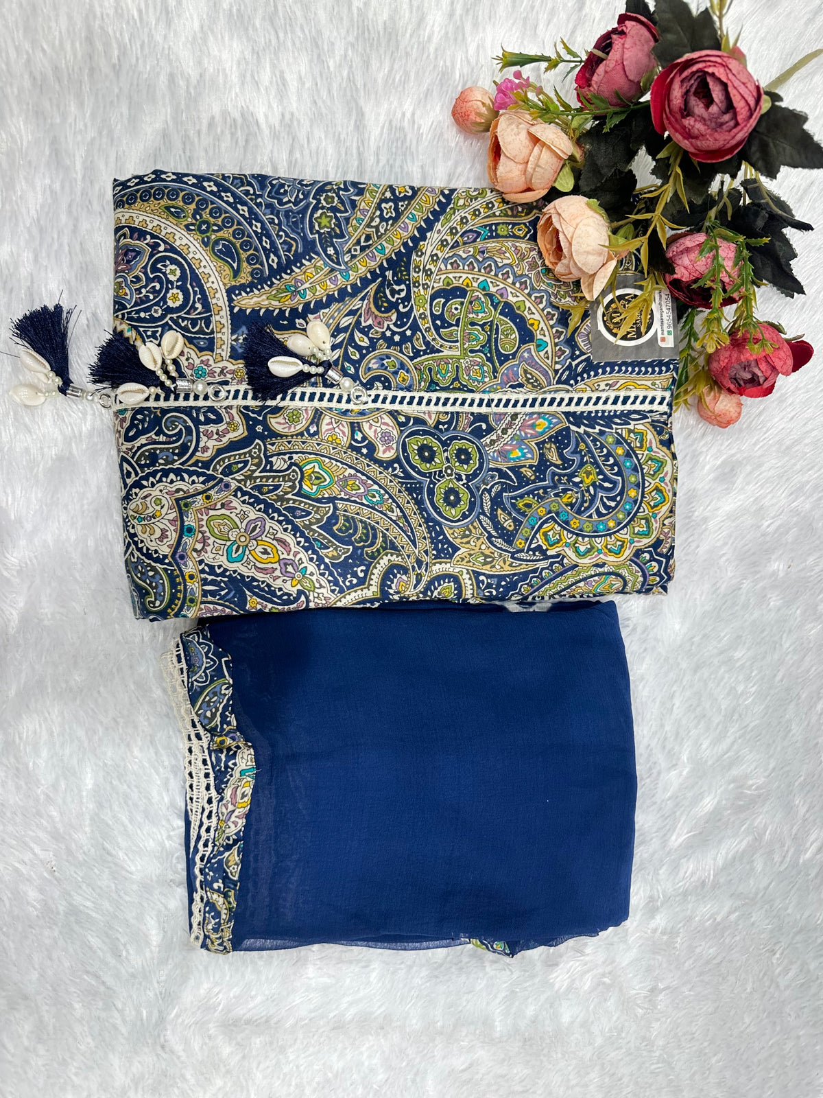 Multicolor paisley print suit by Mamta Saree - navy colourway overview
