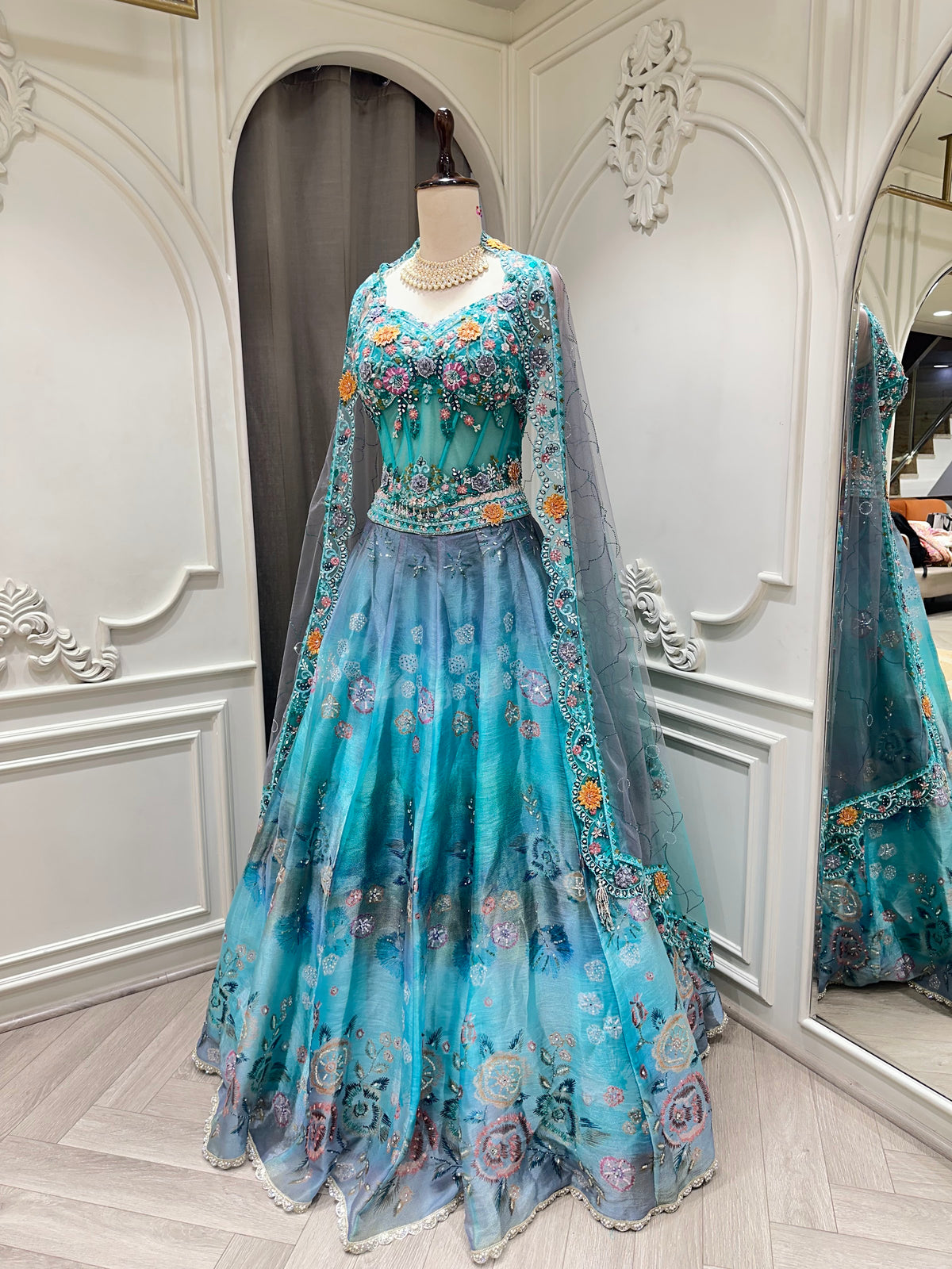 Sky blue lehenga set by Mamta Saree - full look with dupatta drape