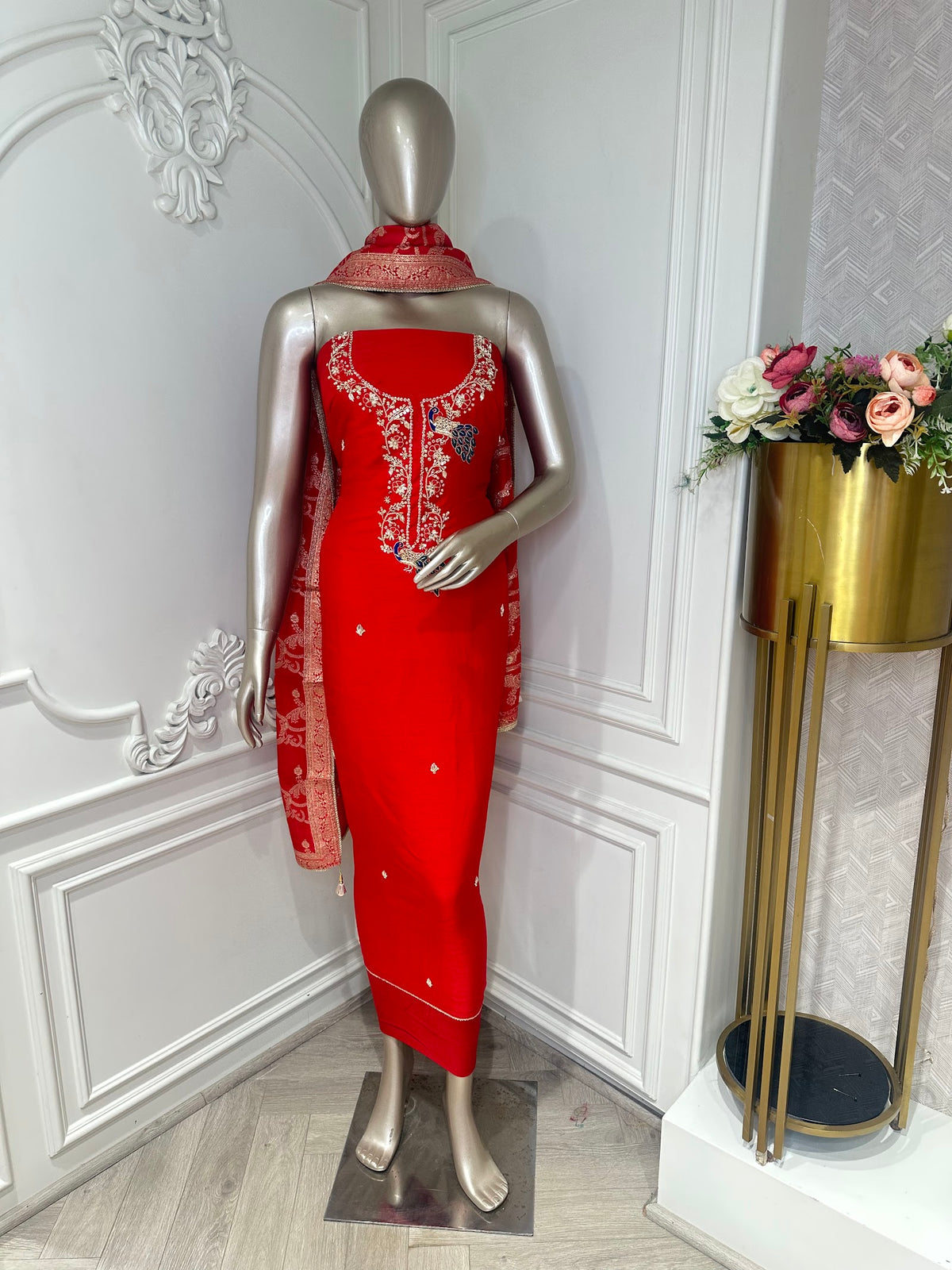 Red Peacock Embroidered Suit Set - front
