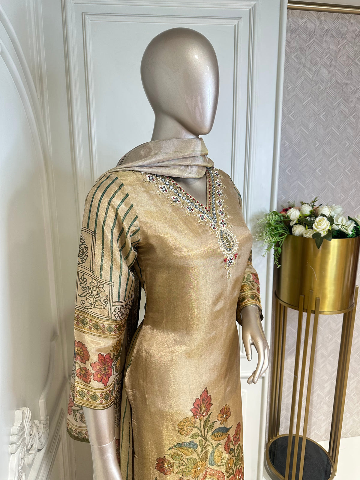 beige suit set by Mamta Saree - embroidery detail
