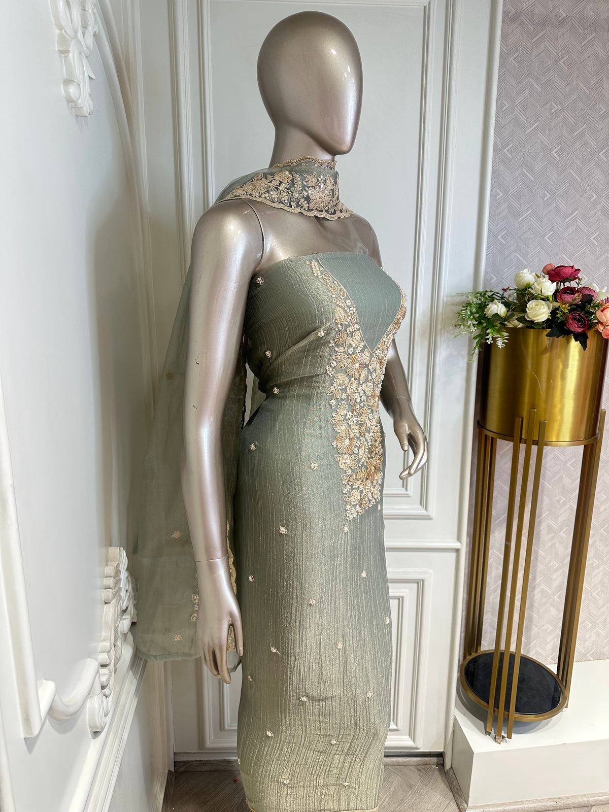sage green suit by Mamta Saree - fabric view