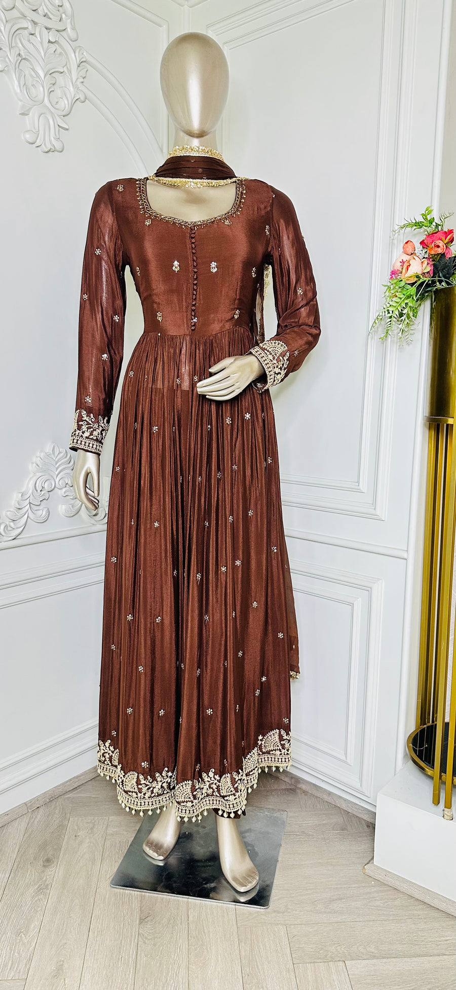 Brown sequin embroidered anarkali gown by Mamta Saree - full front view