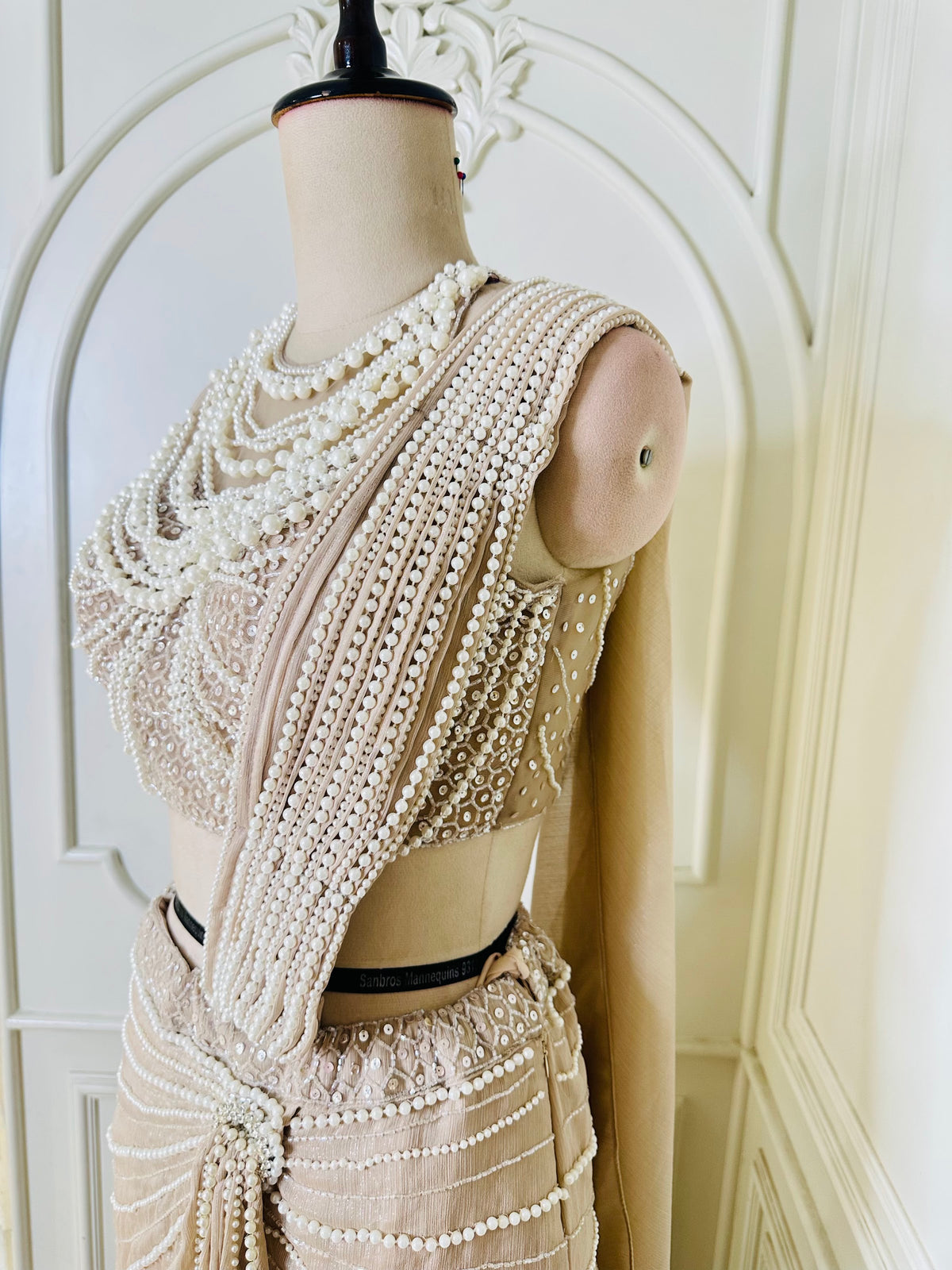 beige saree by Mamta Saree - pallu drape detail