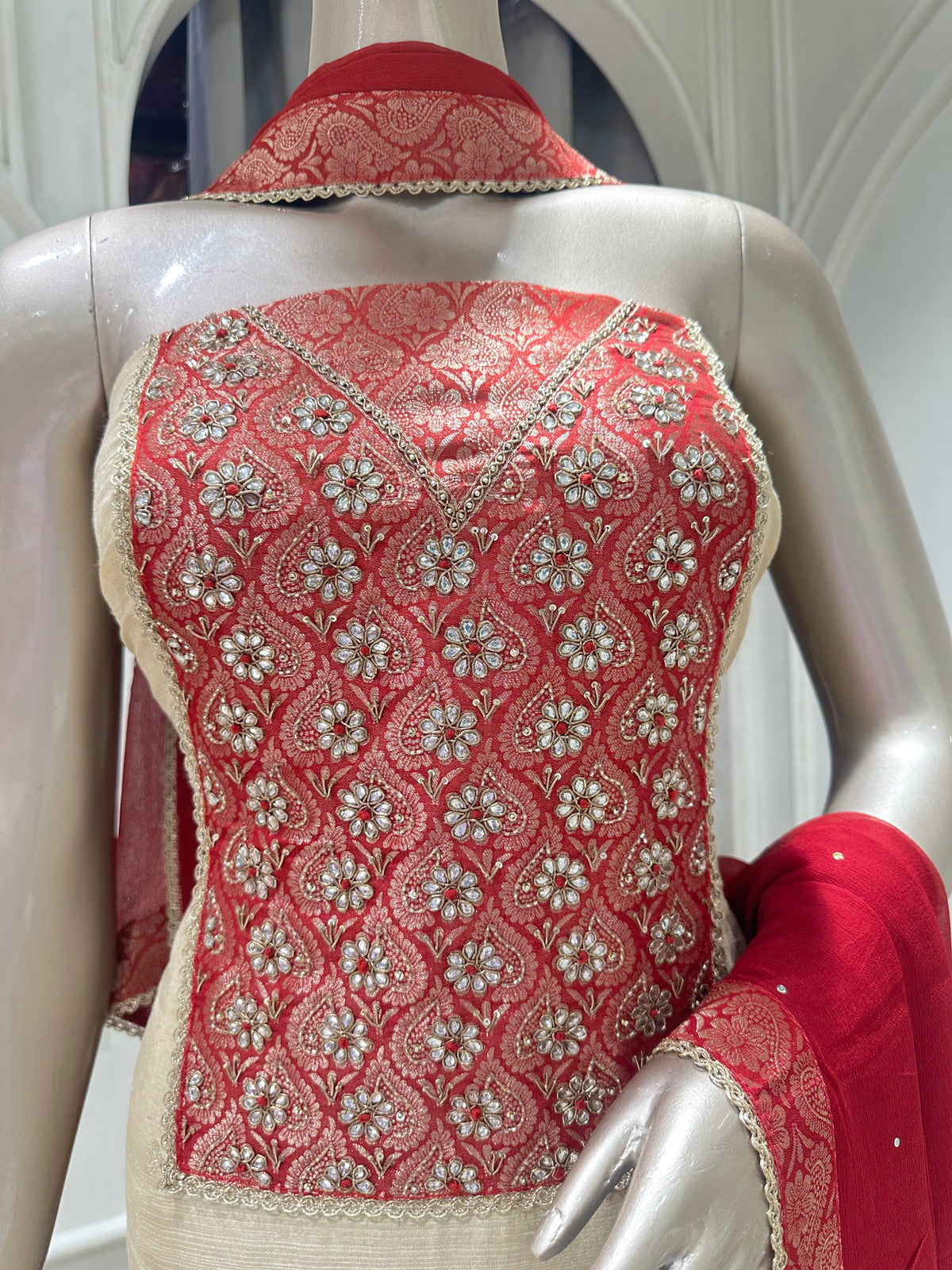 Ivory maroon suit by Mamta Saree - embroidery detail