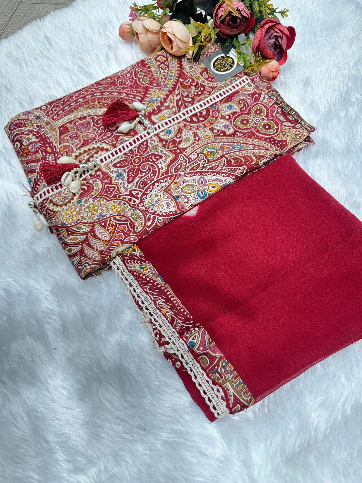 Multicolor paisley print suit by Mamta Saree - maroon colourway overview