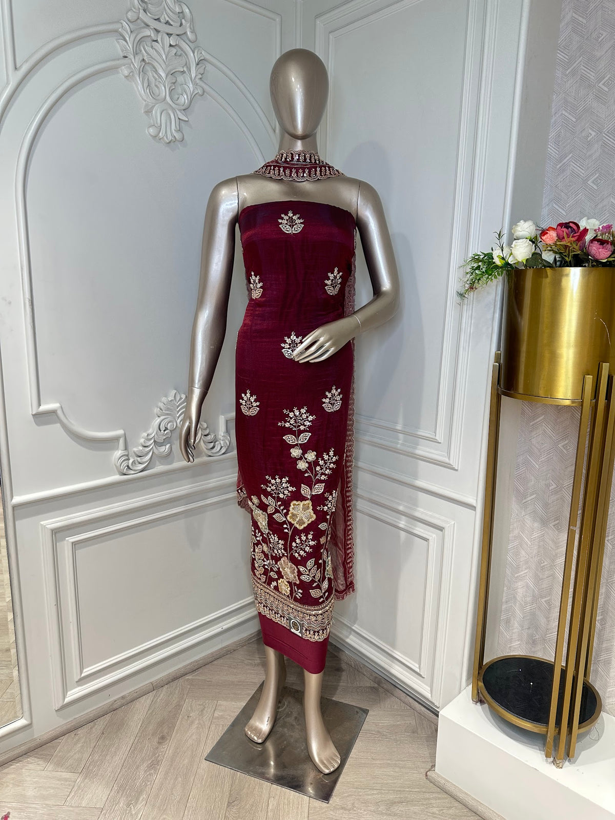 Maroon Floral Embroidered Suit Set - front
