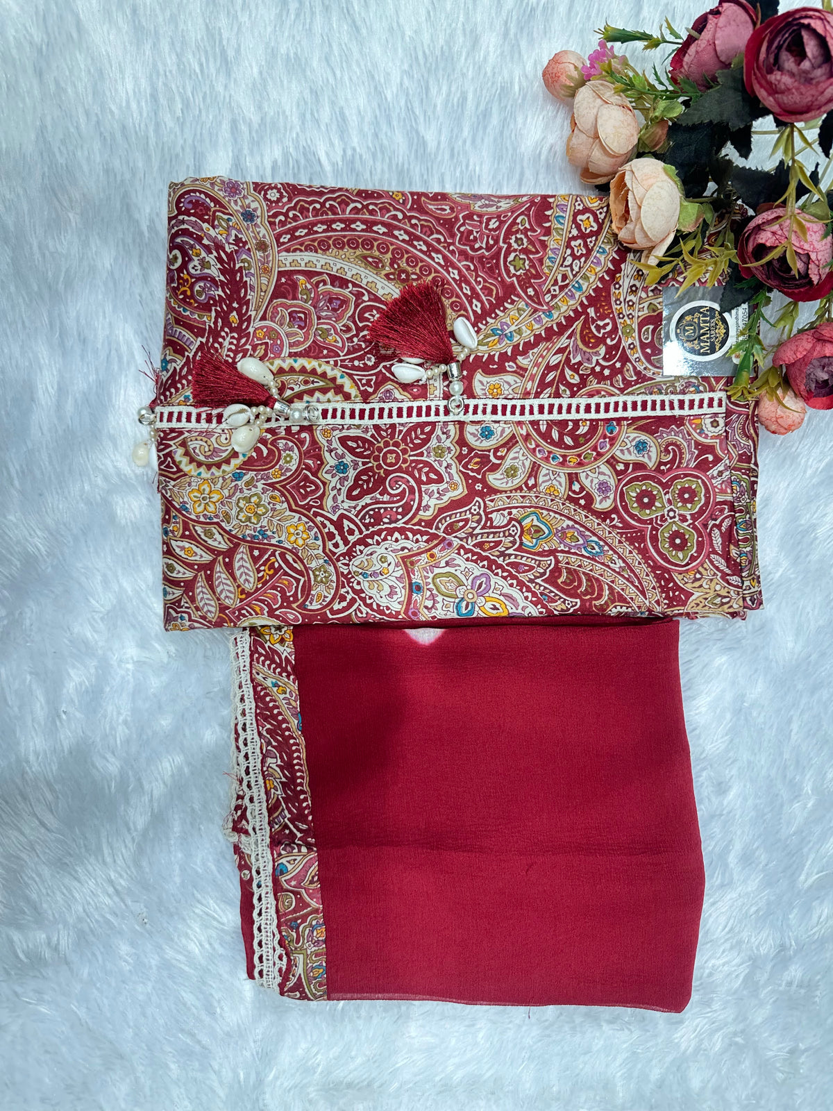 Multicolor paisley print suit by Mamta Saree - maroon colourway tassel border detail