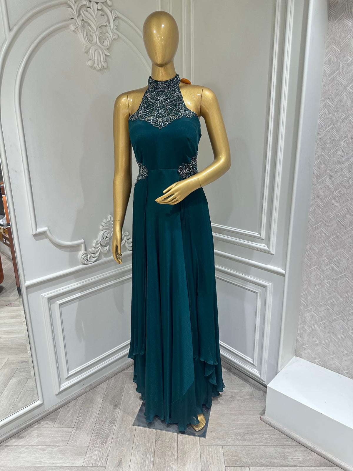teal green gown by Mamta Saree - front view